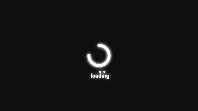 Glowing white circular loading icon animation with text on dark background, UI progress concept