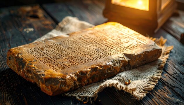Ancient Sumerian Clay Tablet Detailed With Intricate Cuneiform Script Resting on a Textured Surface