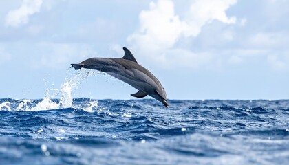 Naklejka premium A playful dolphin leaps majestically from the blue ocean waves, its body arcing gracefully against a cloudy sky.