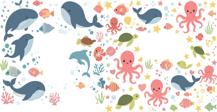 Cute ocean animals pattern with whales, octopus, turtles and fish, colorful seamless underwater illustration for kids design, nursery decor and marine themed projects