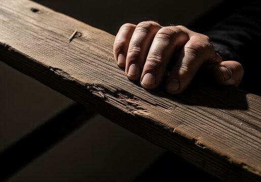 Close-up of a hand resting on a rough weathered wooden beam with dramatic shadows
