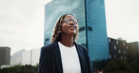 Thinking, real estate and black woman in city, smile and vision for investment opportunity. Low...