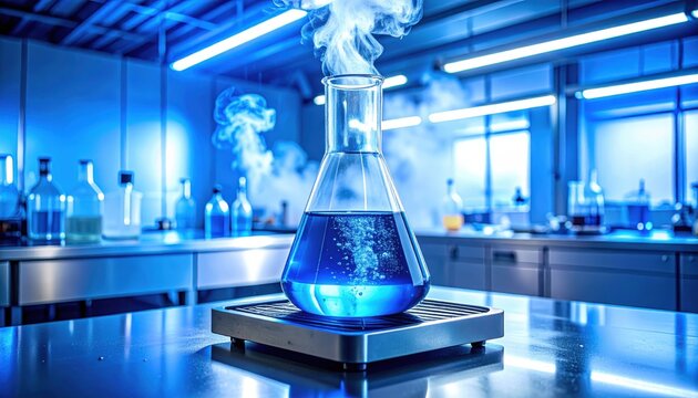 Bright blue liquid bromine bubbling in a sturdy laboratory flask on a heating element, producing vapor