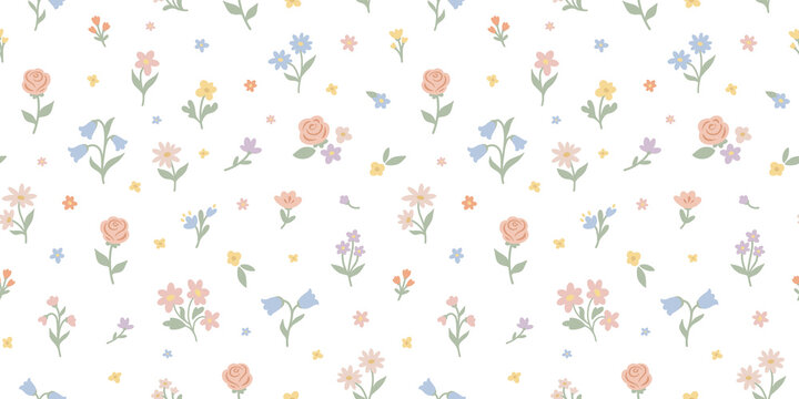 PNG seamless ditsy floral pattern with small pastel flowers, roses, daisies and tiny blossoms on transparent background