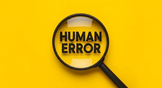 Magnifying glass focusing on human error text over yellow background.