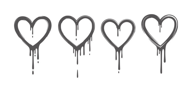 Four dark grey dripping heart shapes with brush stroke texture paint grunge