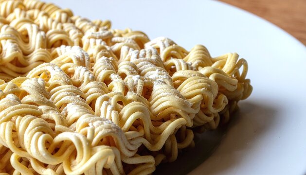 Close-up shot of noodles being bitten, revealing detailed teeth marks and a glossy, appetizing texture.