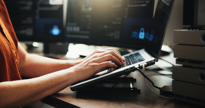 Laptop, typing and programmer with hands of person in office for web developer, coder or research. Software engineer, firewall update and coding system with employee in startup for online solution