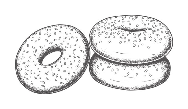 Hand drawn of three sesame seed bagels stacked and white food baking