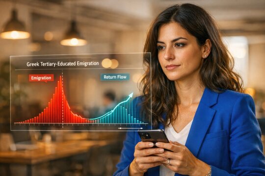 Greek Professional Analyzing Holographic Tertiary-Educated Brain Drain Emigration and Return Flow Chart on Smartphone