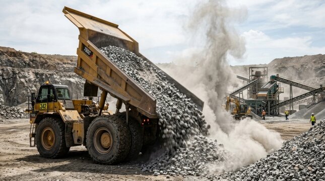 Dump truck unloading rocks at a quarry, industrial mining operation.