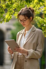 Fototapeta premium Young professional woman using a tablet outdoors in a natural setting with trees and greenery