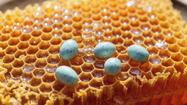 Honeycomb with Blue Candies - A Sweet and Natural Treat Close-Up.