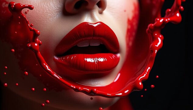 Glossy Red Lips with Splash.Close-up of glossy red lips with dynamic splash of red liquid, creating a striking and artistic beauty concept.