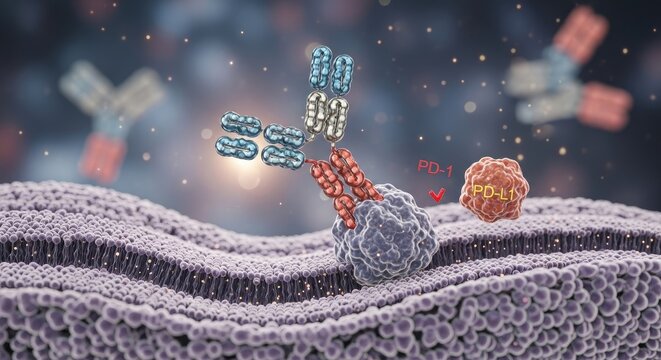 The image illustrates an antibody-PD-L1 interaction on a cell membrane. An antibody, represented by a blue structure with a stem, binds to a PD-L1 protein, which is attached to a cell membrane.