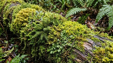 Naklejka premium Lush green moss and ferns growing on a fallen log in the forest.