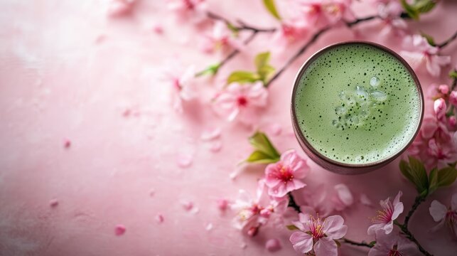 Matcha smoothie and sakura cherry blossom tree,spring season ,drink sweets for banners,Collection of matcha drinks with latte,menu popular japan,cards, flyers,wallpapers,copy space.