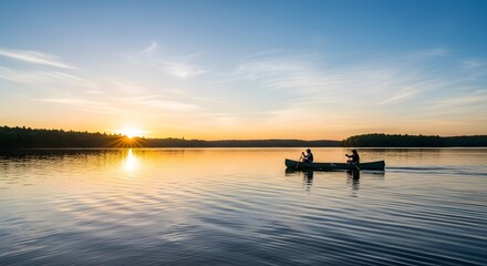 Fototapeta premium Two people canoeing on a serene lake during a beautiful sunset with trees in the background