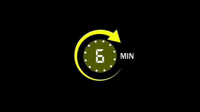 6 Min arrow clock icon animation,6 minute animation on black background and creating a stunning 4k video.arrow clock animation video.