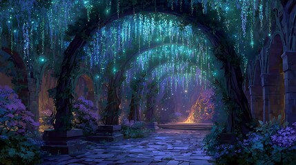 Obraz premium Dreamy fantasy garden with glowing archway and pathway at night