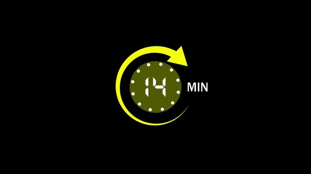 14 Min arrow clock icon animation,14 minute animation on black background and creating a stunning 4k video.arrow clock animation video.