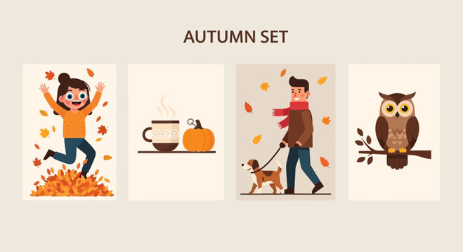 Autumn season illustration featuring happy child and cute owl in warm fall foliage setting for lifestyle design