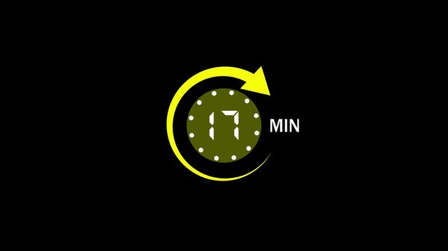 17 Min arrow clock icon animation,17 minute animation on black background and creating a stunning 4k video.arrow clock animation video.