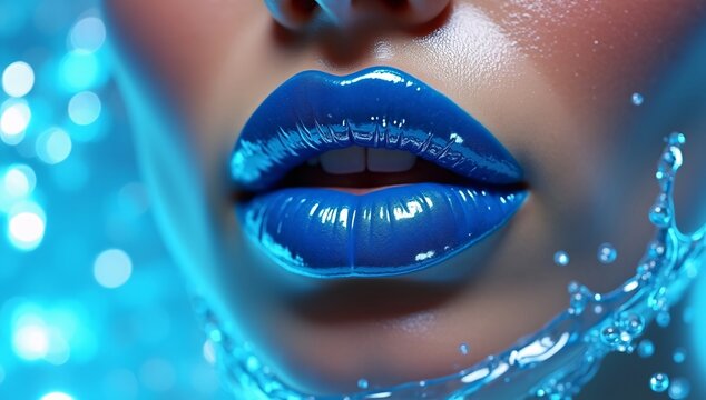 Close-up of glossy vibrant blue lips with shimmering water splash illuminated by bright blue light, creating a futuristic and artistic beauty composition