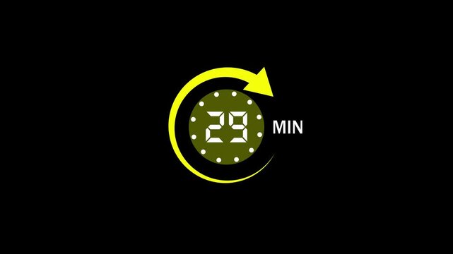 29 Min arrow clock icon animation,29 minute animation on black background and creating a stunning 4k video.arrow clock animation video.