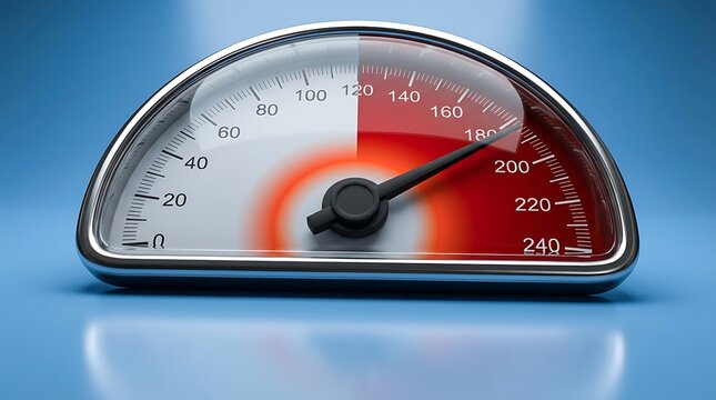 Speedometer dial showing 220 km/h with red zone indicating high speed, represents speed, acceleration, performance, and travel in transportation.