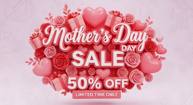 Mothers day sale 50% off banner with 3d hearts, roses and gifts