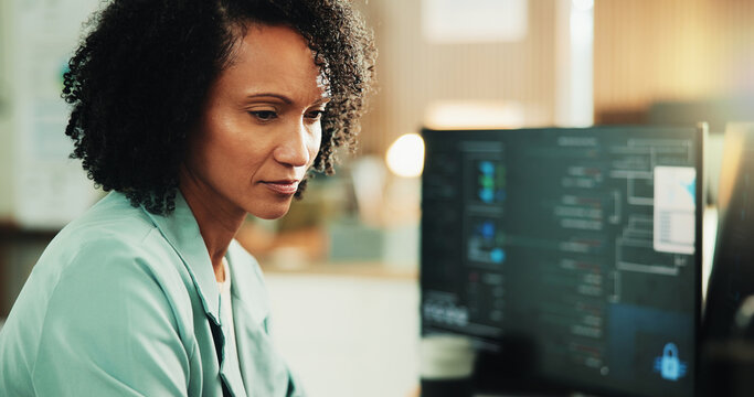 Computer, programmer and research with woman in office for coding, cyber security or cloud computing. Programming, reading and developer with person in tech agency for database update and it solution