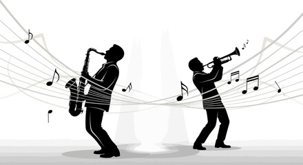 Silhouetted jazz musicians, one playing a saxophone and the other a trumpet, are depicted in a monochromatic illustration with flowing musical staff lines against a white background © NanzZ