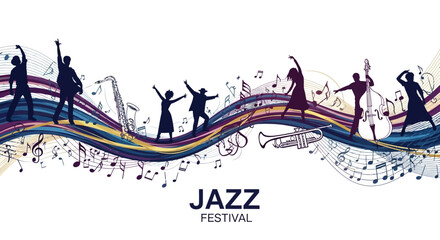 Silhouetted jazz musicians and dancers are depicted with musical notes and instruments on a colorful wavy design against a white background, creating a vibrant and celebratory jazz festival © NanzZ