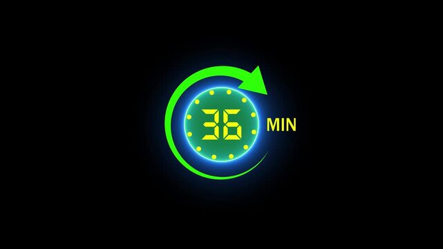 36 Min arrow clock icon animation,36 minute animation on black background and creating a stunning 4k video,arrow clock animation video.