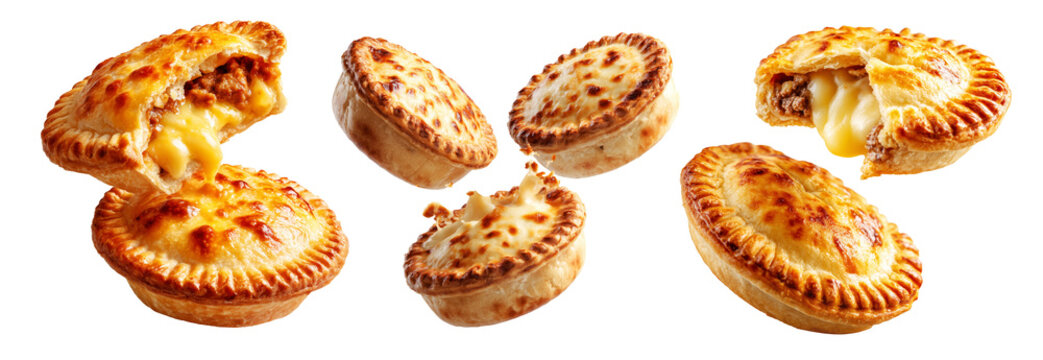 Set of mince and cheese pie with golden brown crust, mashed potato and cheese topping on white background, New Zealand fast food