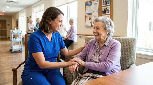 A smiling nurse sits and talks with a laughing elderly woman in a comfortable lounge area. The nurse is wearing a blue uniform and the woman is seated in a patterned armchair.
