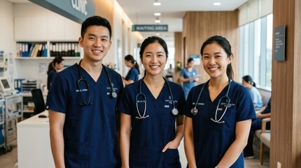 Obraz premium Three young Asian healthcare professionals stand together smiling in a modern hospital waiting area. They are wearing dark blue scrubs with their names and titles printed on them.