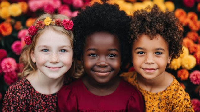 Portrait of three happy multicultural children smiling together in flower garden bright natural atmosphere joyful childhood moment vibrant colors innocent happiness outdoor lifestyle