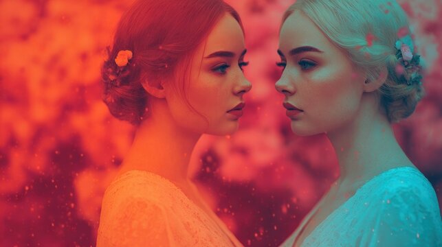Dual personality concept featuring two women with contrasting red and blue lighting effects dramatic color contrast emotional tension modern conceptual portrait expressive identity