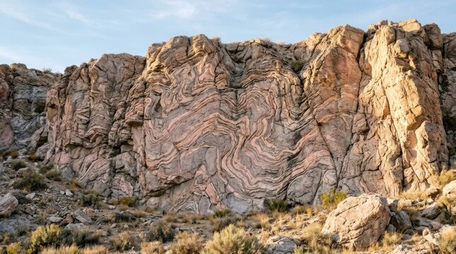 Striking geological rock formations showcasing intricate folded layers and patterns.