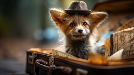 Fototapeta premium Fox Detective Wearing Hat Sitting Inside Open Suitcase in Forest