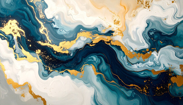 Abstract liquid marble painting with blue and gold swirls.