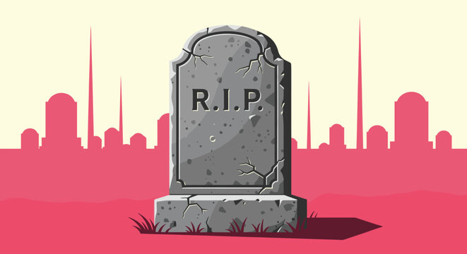 Spooky gray tombstone with r.i.p. text set against a dark pink city silhouette background for a halloween graveyard scene.