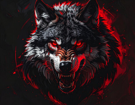 Aggressive wolf portrait with glowing red eyes and dark aura.
