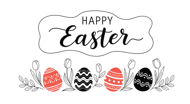 Happy Easter greeting banner design featuring patterned eggs and delicate tulips in a horizontal line arrangement.
