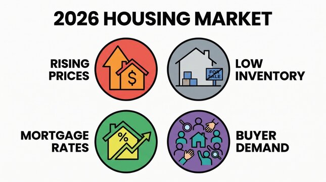 housing market 2026 concept. 2026 housing market trends with rising prices, low inventory, mortgage rates, and demand