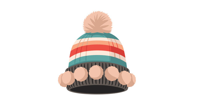 Stylish winter beanie hat featuring multi colored stripes and decorative pom-poms around the brim and on top.
