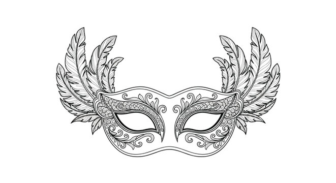 Intricate black and white line art drawing of a masquerade mask decorated with floral patterns and feathers.