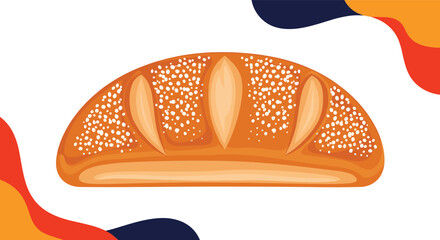 Fototapeta premium Fresh golden brown loaf of bread illustration with decorative flour dusting and abstract colorful background elements.